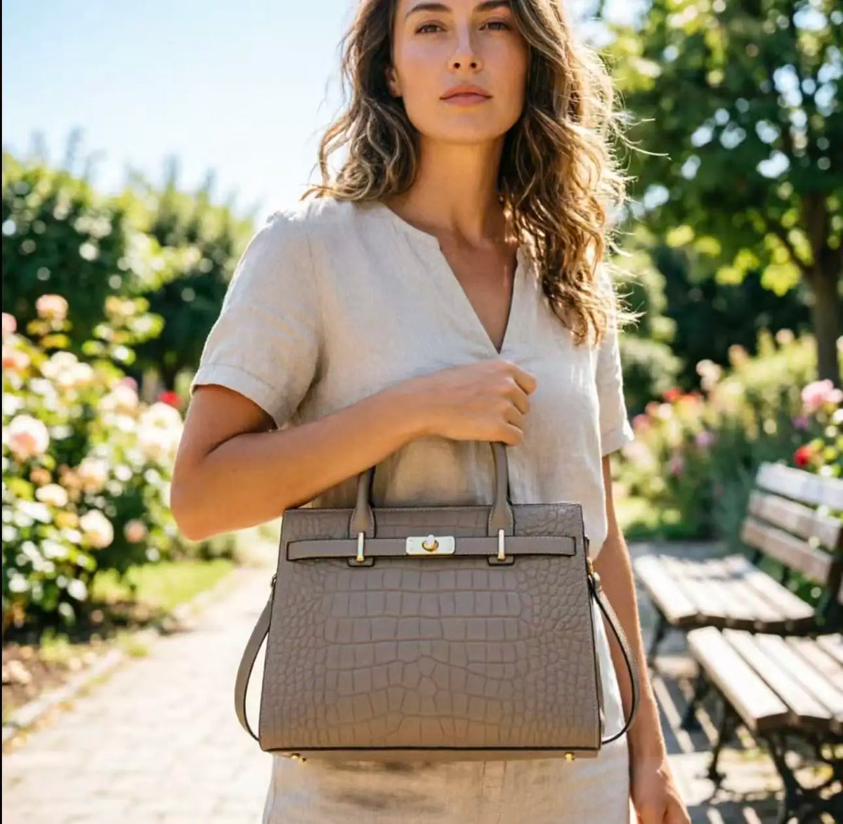 A woman wearing a beige dress holds a tan genuine leather shoulder bag outdoors.