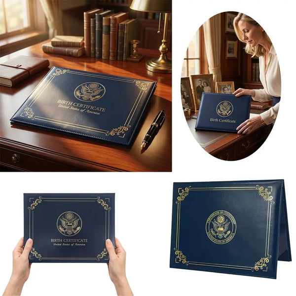 A dark blue elegant birth certificate holder with a gold seal and leather cover displayed on a wooden desk.