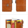 A brown leather multi-card wallet with stitching and a flap closure, showing various cards inside.