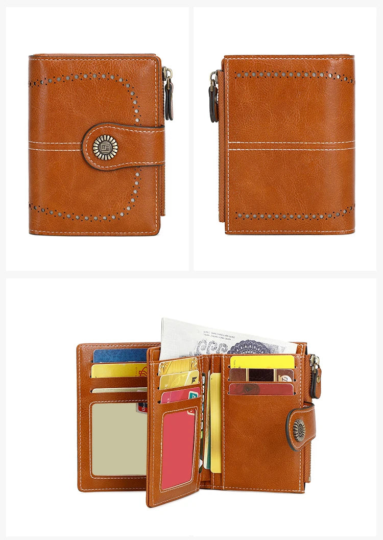 A brown leather multi-card wallet with stitching and a flap closure, showing various cards inside.