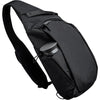 Black crossbody sling bag designed to carry a tablet and water bottle.