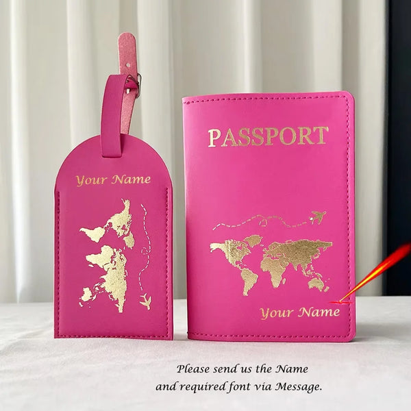 A pink leather passport cover with gold foil printing of a world map and personalized name, next to a matching luggage tag.