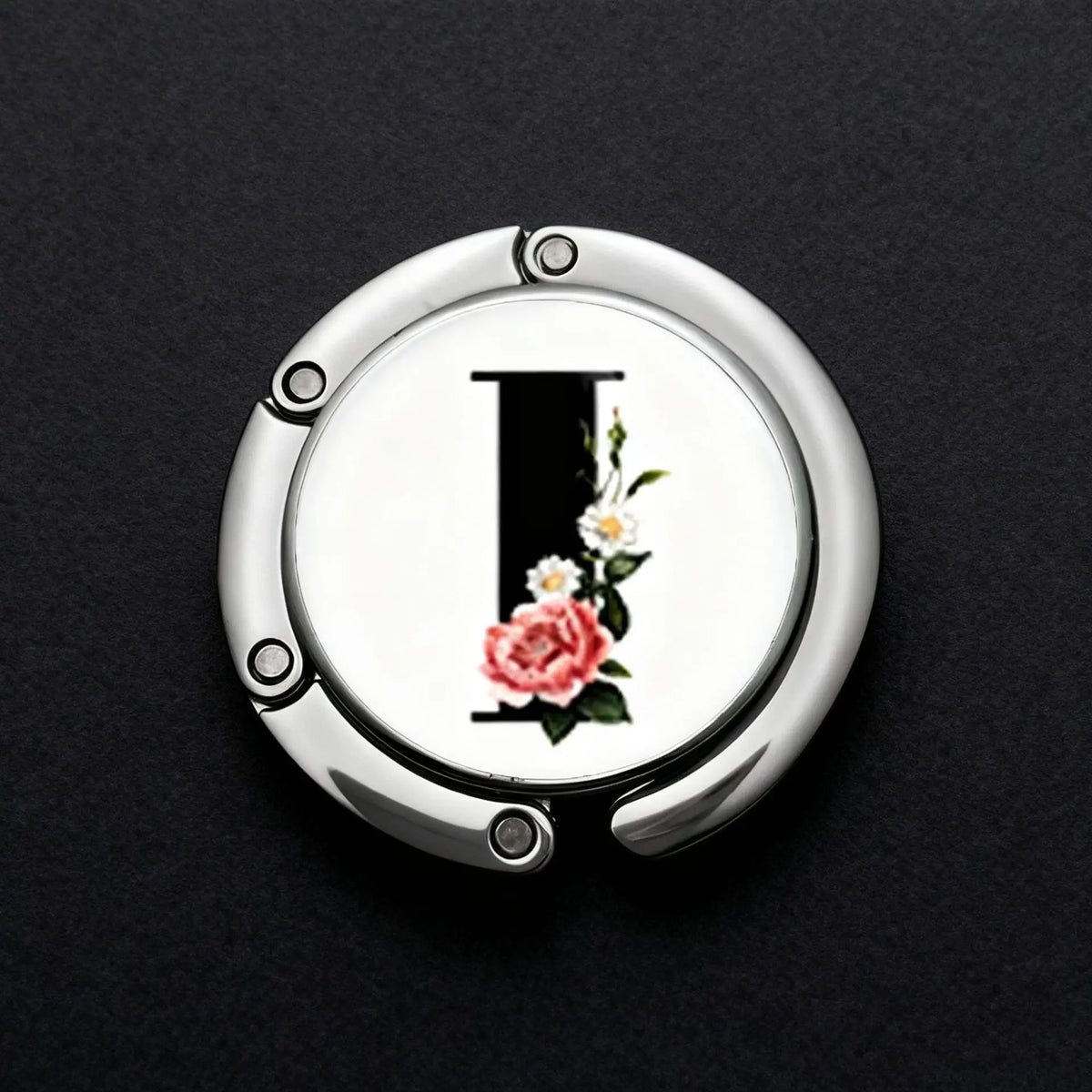 Silver foldable letter Hanger hook with a pink rose design on a black background.