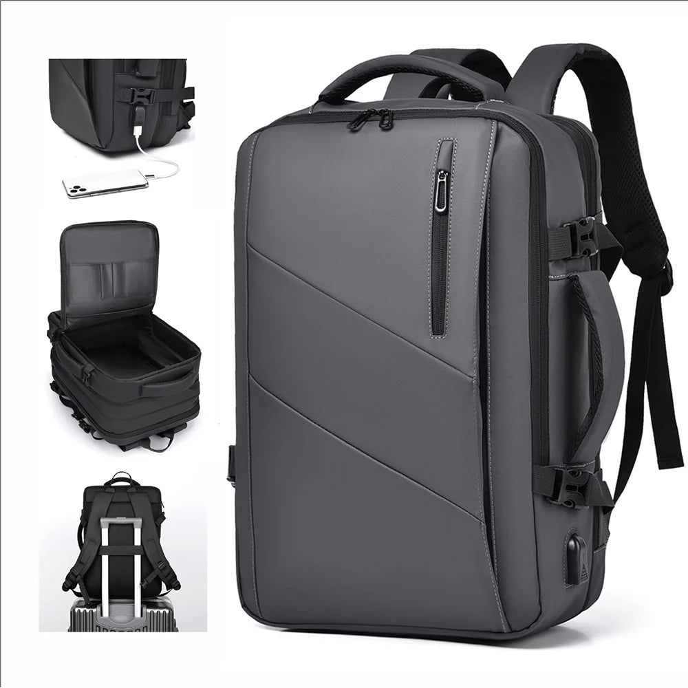 A gray expandable travel backpack shown with various features including a laptop sleeve and organizational pockets.