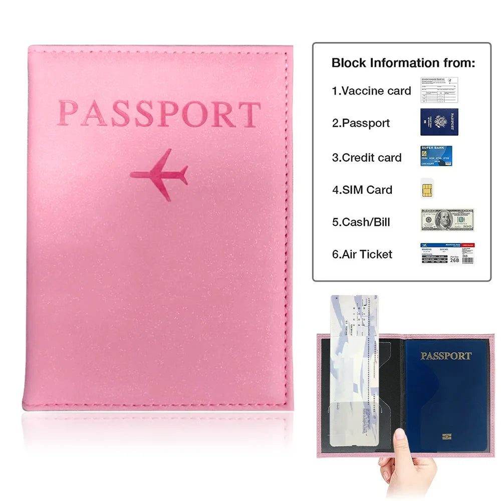 A pink leather passport holder with a zipper closure displaying various documents like a vaccine card, passport, credit card,