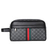 A black leather clutch handbag featuring a gray monogram pattern and green and red stripes.