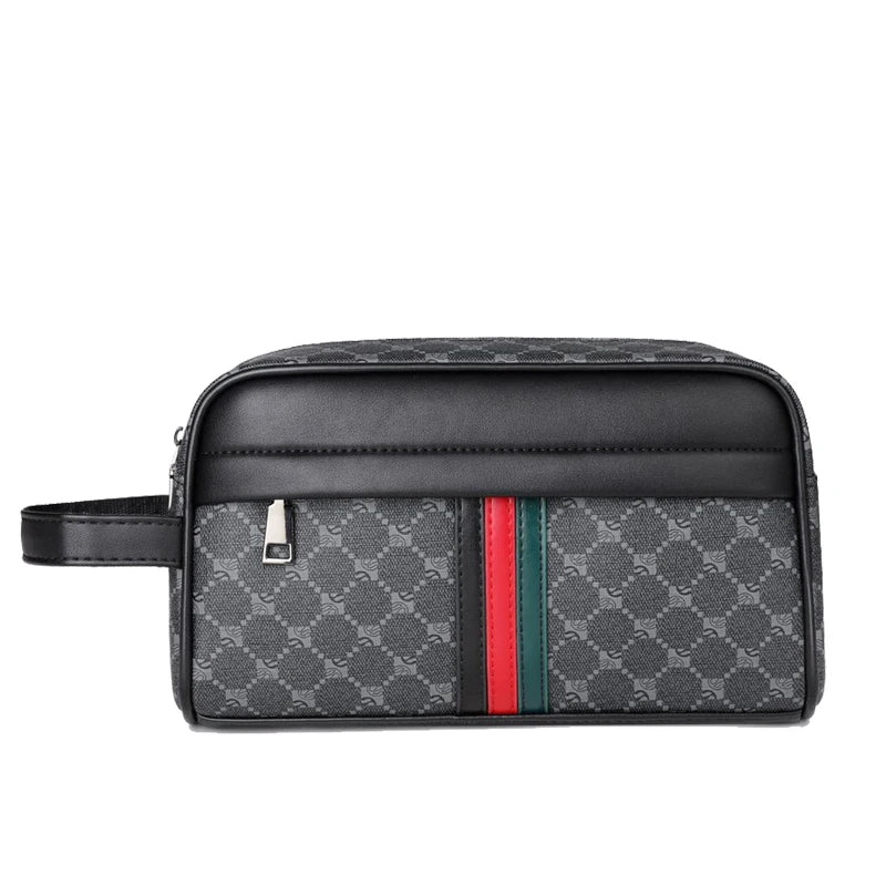 A black leather clutch handbag featuring a gray monogram pattern and green and red stripes.