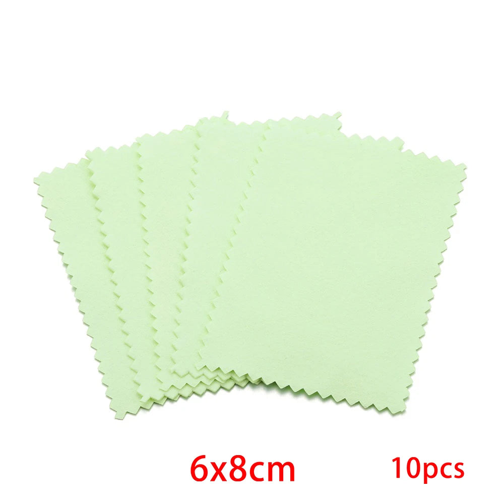 A set of ten light green polishing cloths for silver and gold jewelry