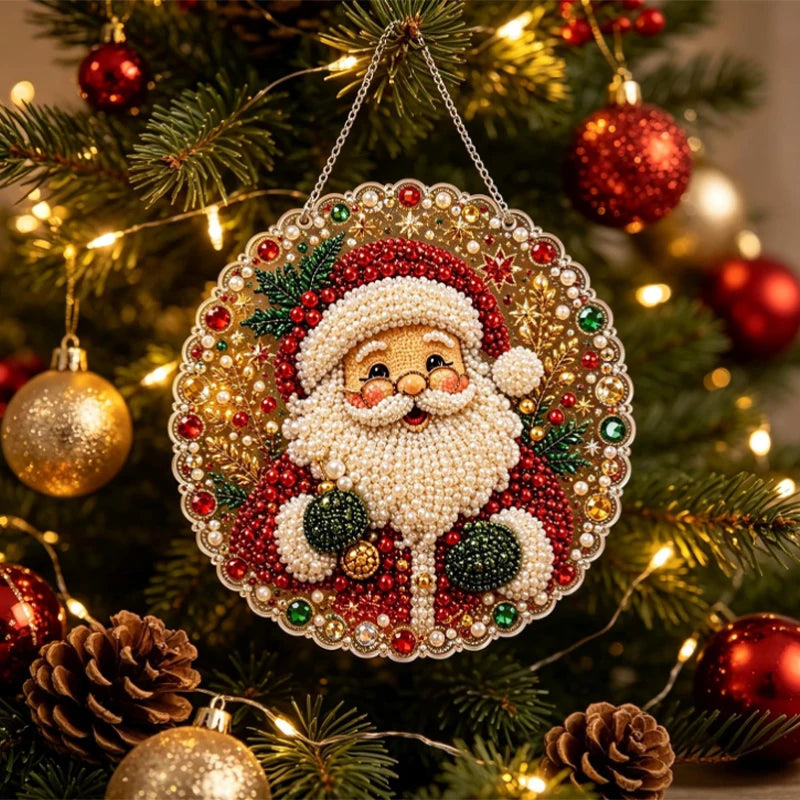 A Christmas tree decorated with a circular painting featuring Santa Claus and holly, surrounded by ornaments and pine cones.