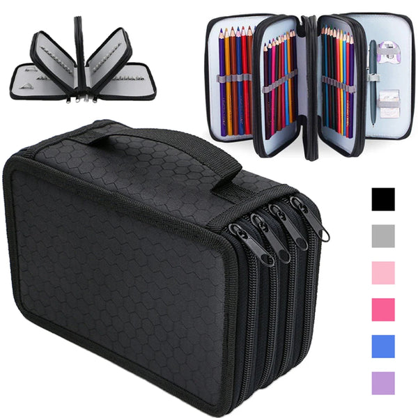 A black pencil case with multiple zippered compartments and a clear plastic pencil holder featuring colored pencils.