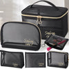 Black mesh cosmetic storage pouches and a large black travel case with gold accents