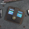 A brown genuine leather card wallet with a magnetic closure holding several credit cards and an ID.