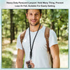 A man wearing a white t-shirt and brown backpack demonstrates a heavy duty paracord lanyard with a metal hook.