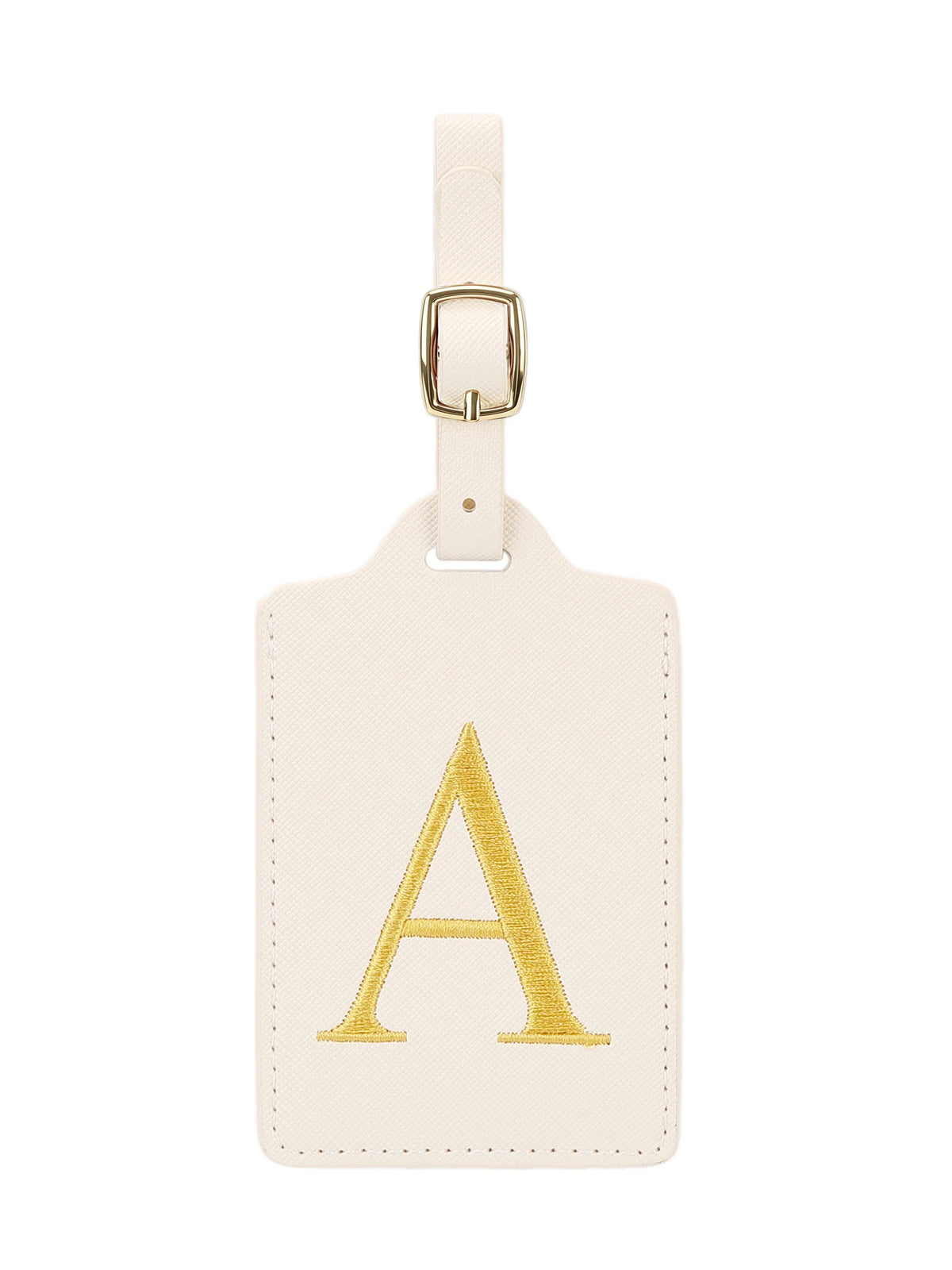 Étiquette de bagage en cuir brodé personnalisé crème avec un A doré et un fermoir argenté.