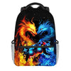 A black backpack featuring a vibrant illustration of a fiery orange dragon and a blue dragon.