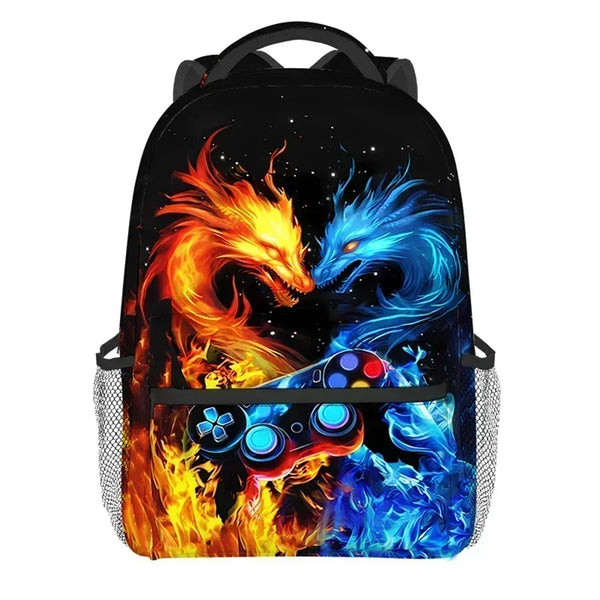 A black backpack featuring a vibrant illustration of a fiery orange dragon and a blue dragon.