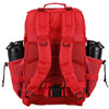 A red tactical hiking and gym backpack shown from the back.