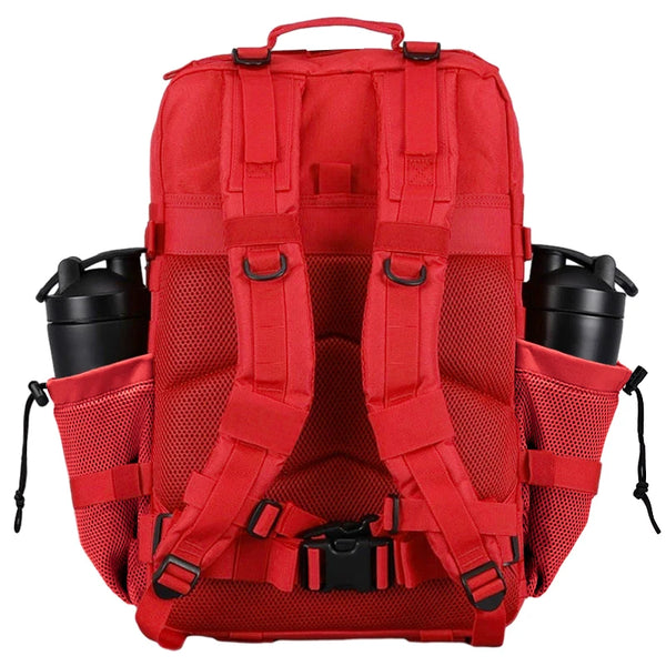 A red tactical hiking and gym backpack shown from the back.