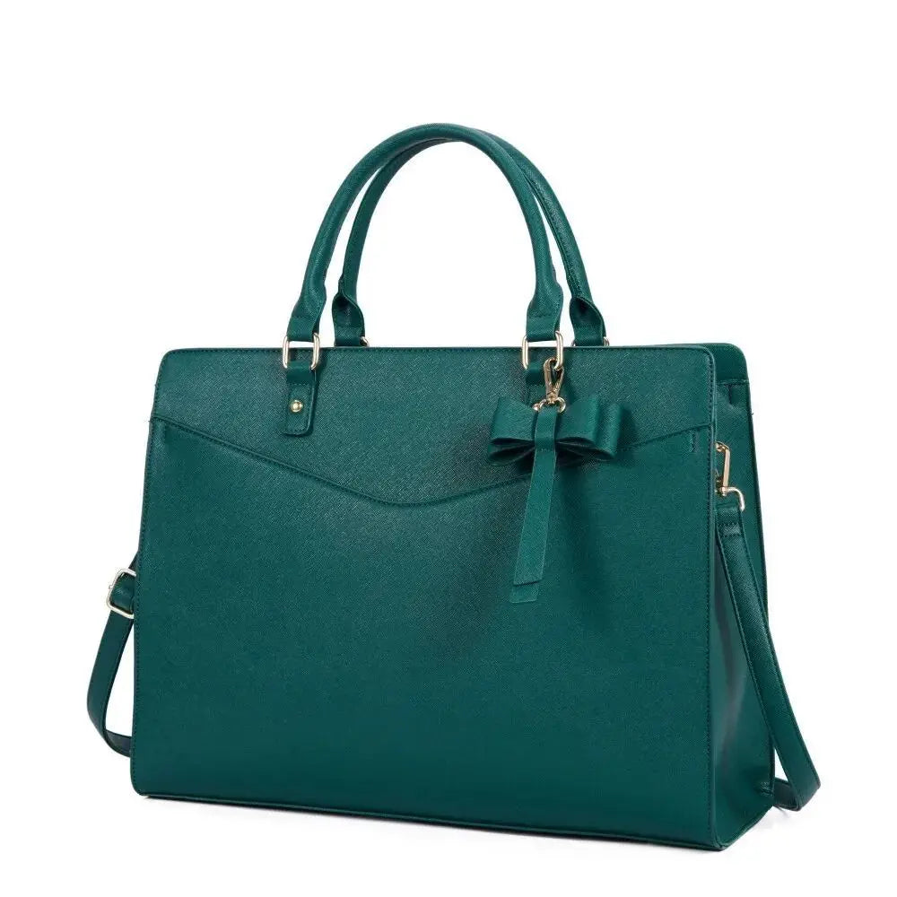 A dark teal premium PU leather laptop tote bag with a handle and flap.