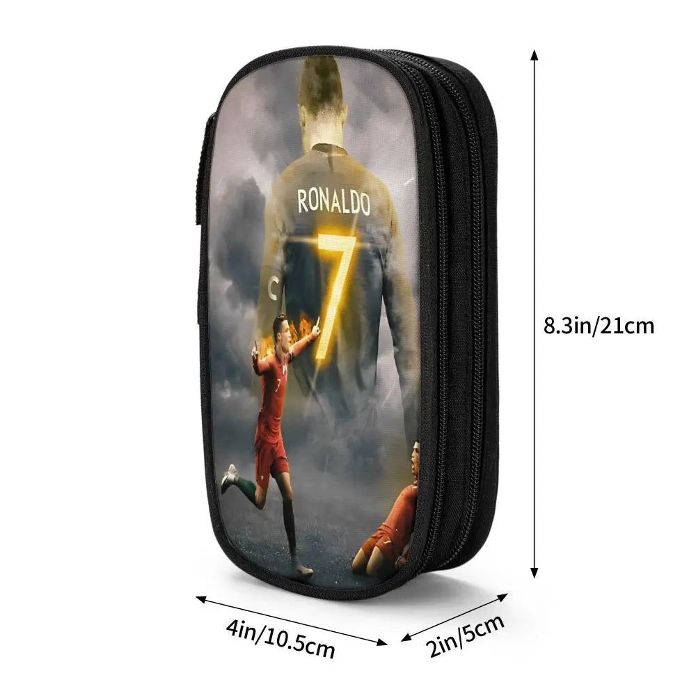 A black pencil case featuring a graphic of Cristiano Ronaldo in a red jersey.