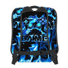 A black backpack featuring a glowing blue electric flame design and a stylized game controller graphic.