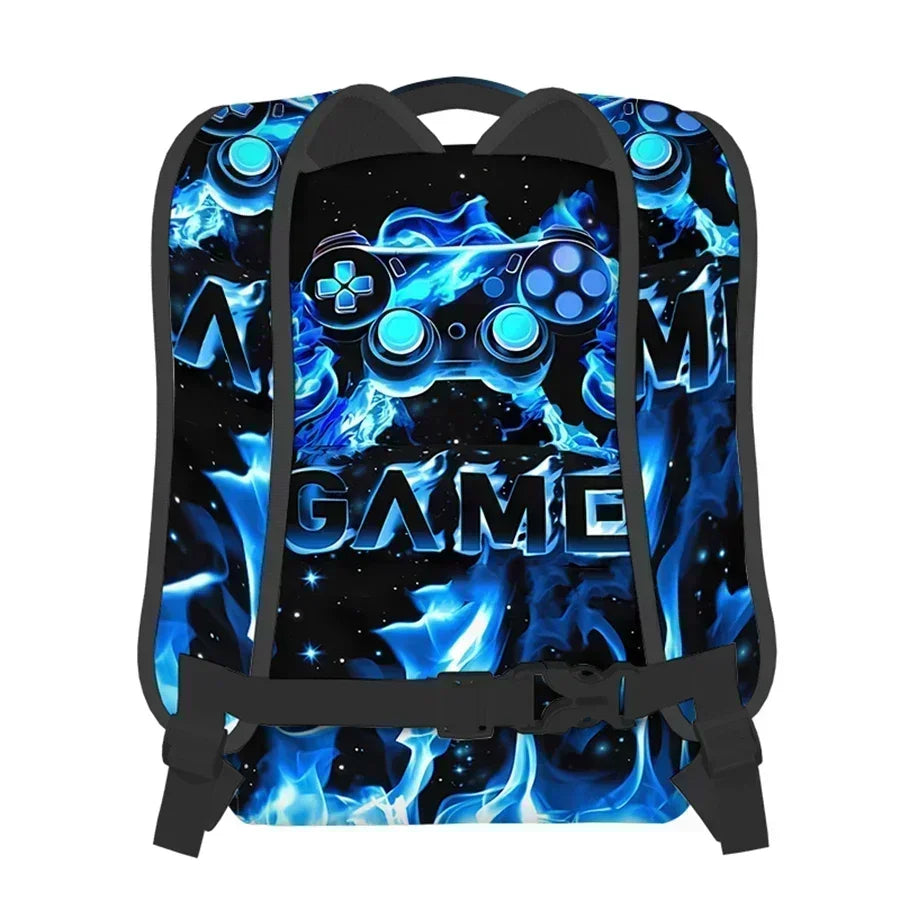 A black backpack featuring a glowing blue electric flame design and a stylized game controller graphic.