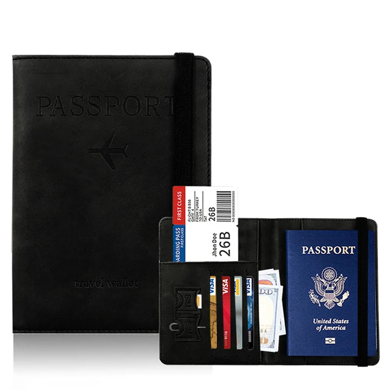 Schwarzes Reisepass-Wallet-Cover mit blauem Akzent, das einen Reisepass und eine ID enthält.