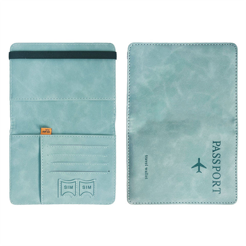 A light blue vintage PU leather wallet designed to hold a passport and cards.
