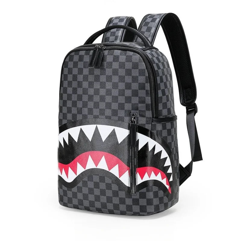 A black and gray checkered backpack featuring a white tooth design on the front.