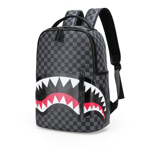 A black and gray checkered backpack featuring a white tooth design on the front.