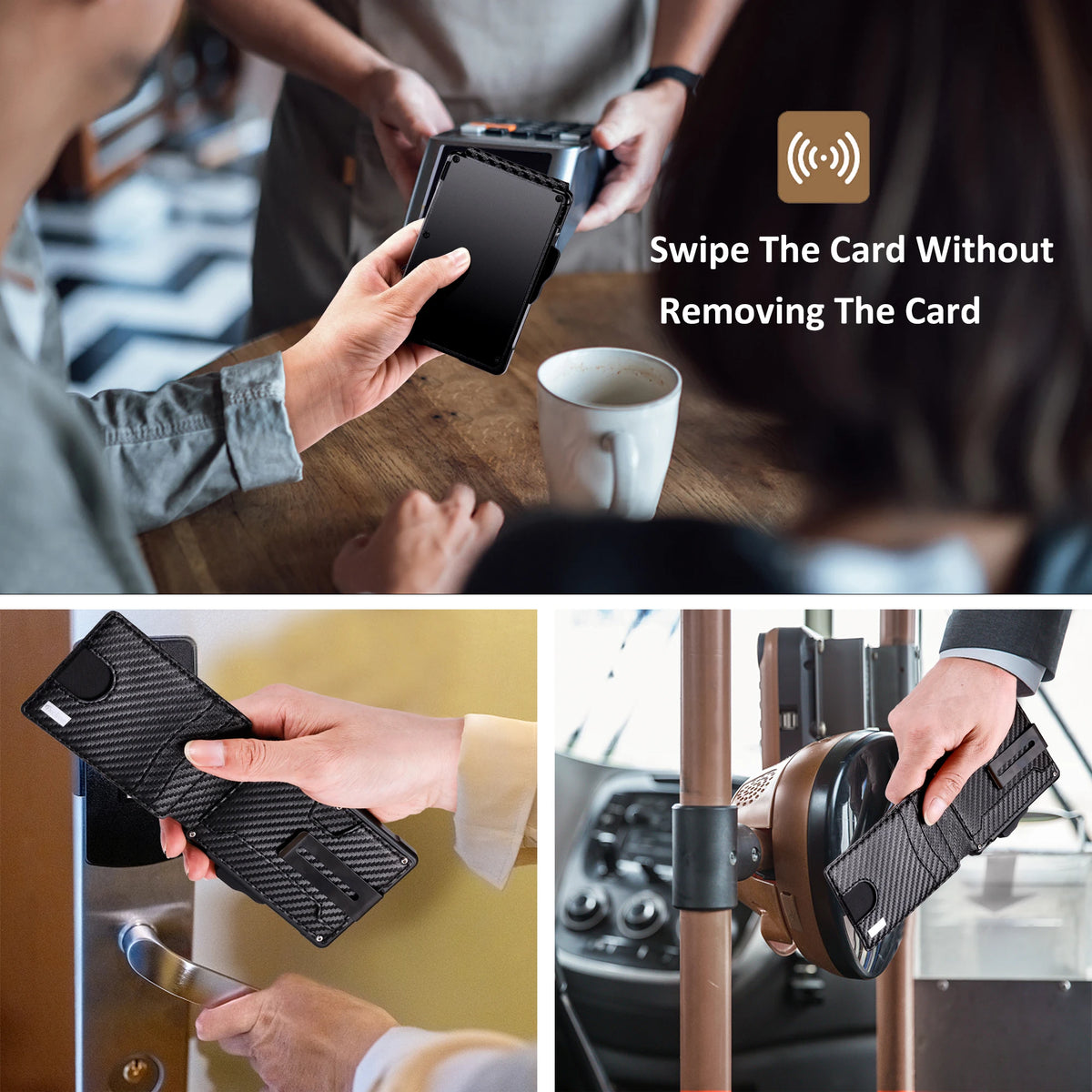 Hands are shown using a slim minimalist wallet to swipe a card without removing it.