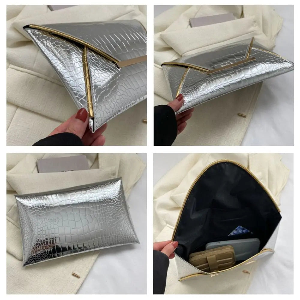 Silver crocodile pattern coin purse clutch shown in various angles against a light background.