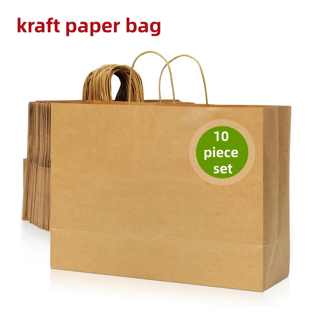 A brown kraft paper gift bag filled with ten individual paper bags and natural twine handles.