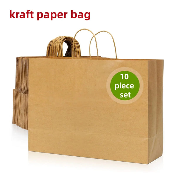 A brown kraft paper gift bag filled with ten paper bags, showing the handles.
