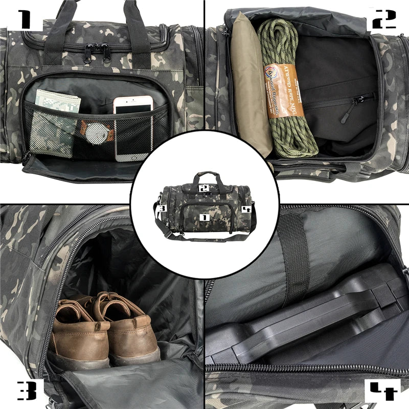 A tactical camouflage duffel bag showing various compartments including pockets, a padded strap, and stored items like boots 