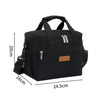 Black insulated thermal lunch bag with a top handle and zippered pockets