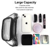 A clear waterproof transparent fanny pack with two pockets, next to a white smartphone and various small items.