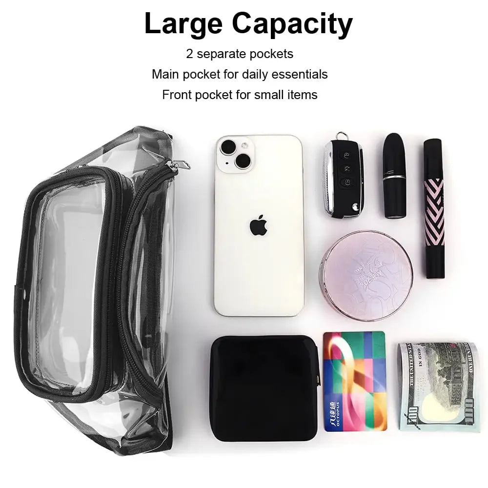 A clear waterproof transparent fanny pack with two pockets, next to a white smartphone and various small items.