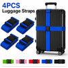 Four blue luggage straps shown next to a black suitcase with blue straps and various colored strap options.