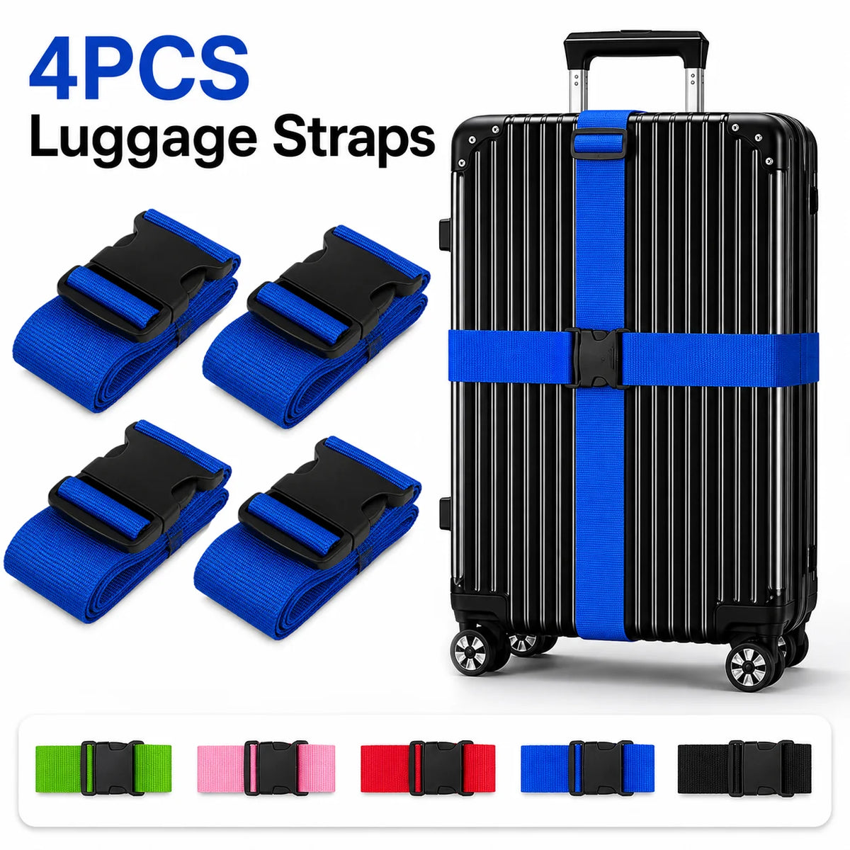 Four blue luggage straps shown next to a black suitcase with blue straps and various colored strap options.