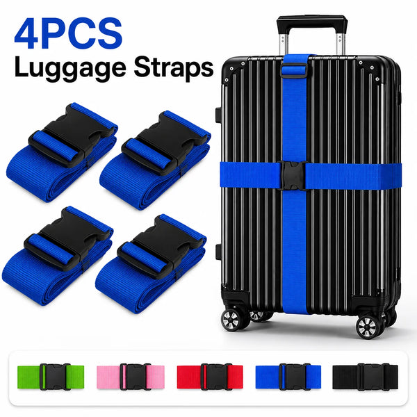 Four blue luggage straps shown next to a black suitcase with blue straps and various colored strap options.