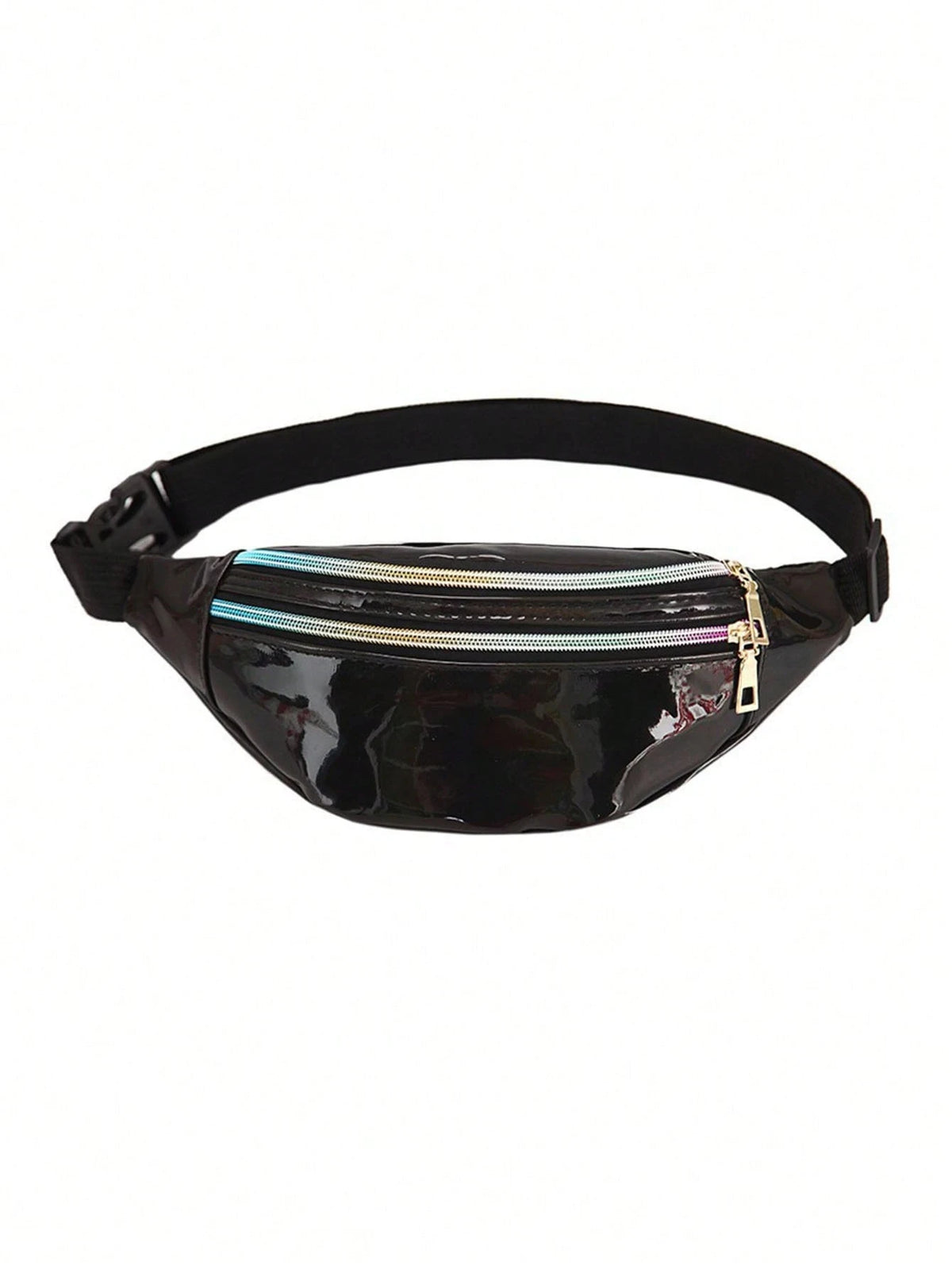 Black holographic sequin waist bag with an adjustable black strap.