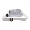 White waist bag or fanny pack with a black strap and zipper visible.