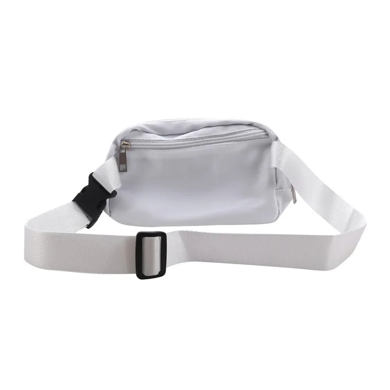 White waist bag or fanny pack with a black strap and zipper visible.