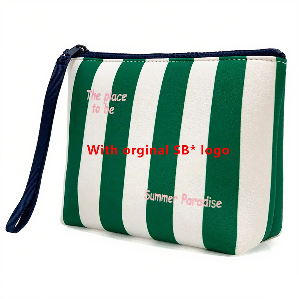 Bolsa cosmética a rayas blancas y verdes con correa azul oscuro que dice "The place to be" y "Summer Paradise".