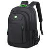 Black unisex double-shoulder travel backpack with green accents