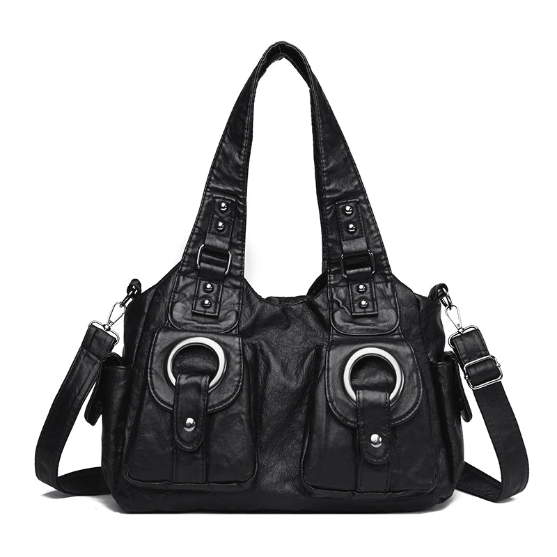Schwarze Vintage-Soft-PU-Leder-Schultertasche mit silberner Hardware