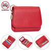 A red genuine leather slim tri-fold wallet with a zipper pouch shown in various angles.