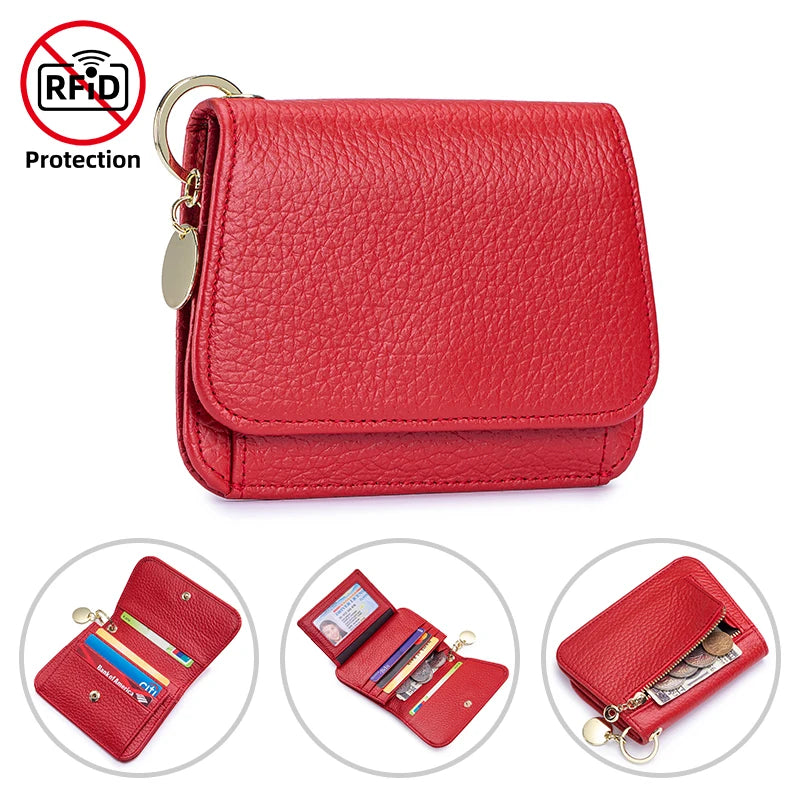 A red genuine leather slim tri-fold wallet with a zipper pouch shown in various angles.