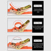 Instructions showing how to use heavy duty ratchet cargo straps for vehicle securing.